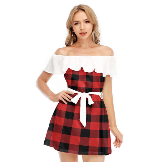 Rob Roy MacGregor Modern Tartan Plaid Off-shoulder Dress With Ruffle