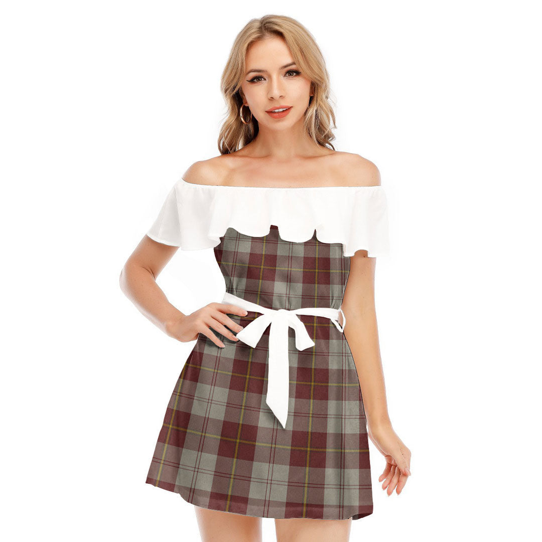 Cunningham Burgundy Dancers Tartan Plaid Off-shoulder Dress With Ruffle