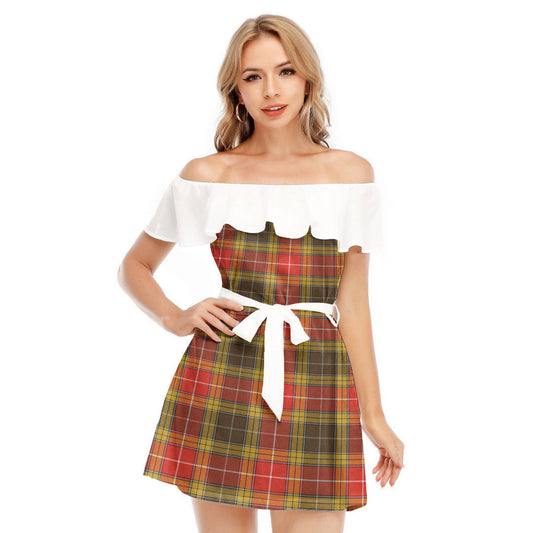 Buchanan Old Set Weathered Tartan Plaid Off-shoulder Dress With Ruffle