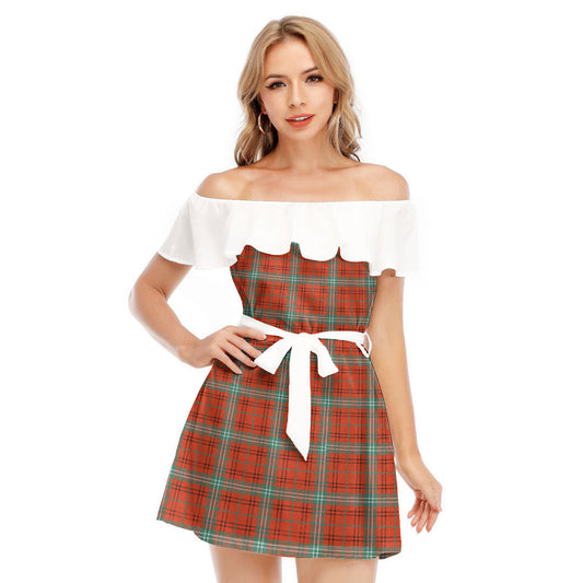 Morrison Red Ancient Tartan Plaid Off-shoulder Dress With Ruffle