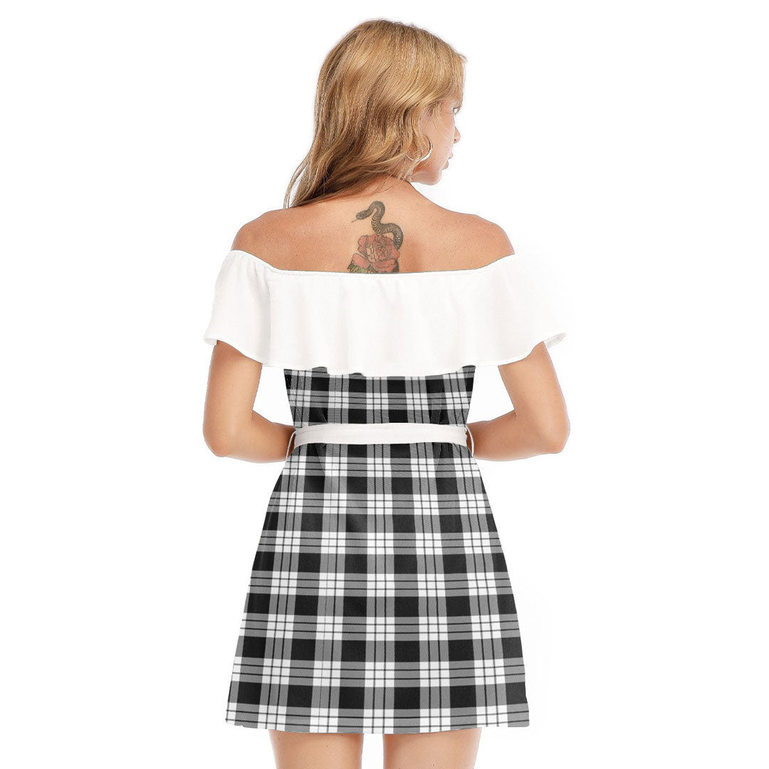 MacFarlane Black White Tartan Plaid Off-shoulder Dress With Ruffle