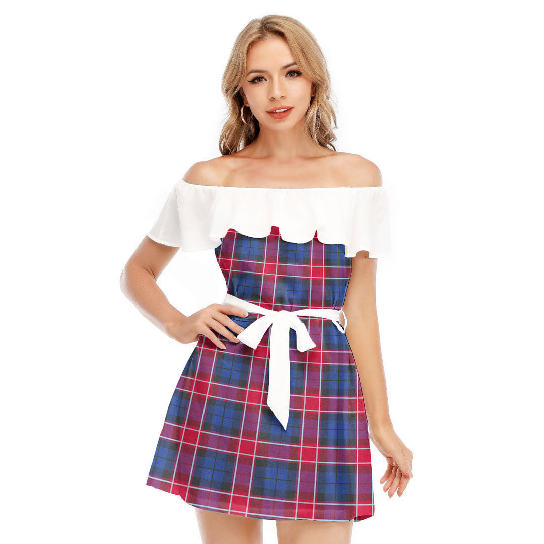 Graham of Menteith Red Tartan Plaid Off-shoulder Dress With Ruffle