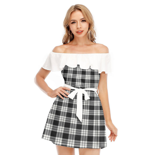 MacFarlane Black White Ancient Tartan Plaid Off-shoulder Dress With Ruffle