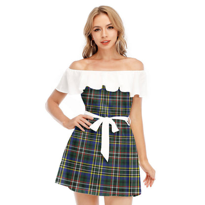 SCOTT GREEN MODERN Tartan Plaid Off-shoulder Dress With Ruffle