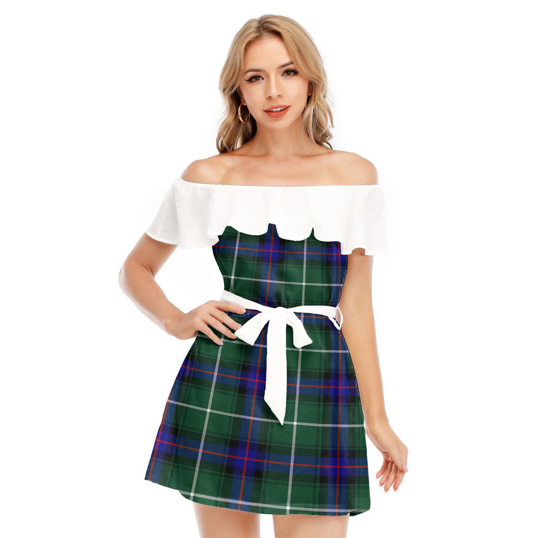 MacDonald of the Isles Hunting Modern Tartan Plaid Off-shoulder Dress With Ruffle