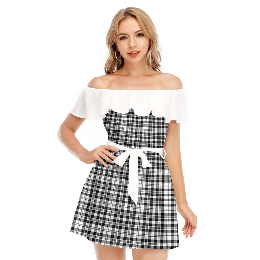 Scott Black White Modern Tartan Plaid Off-shoulder Dress With Ruffle