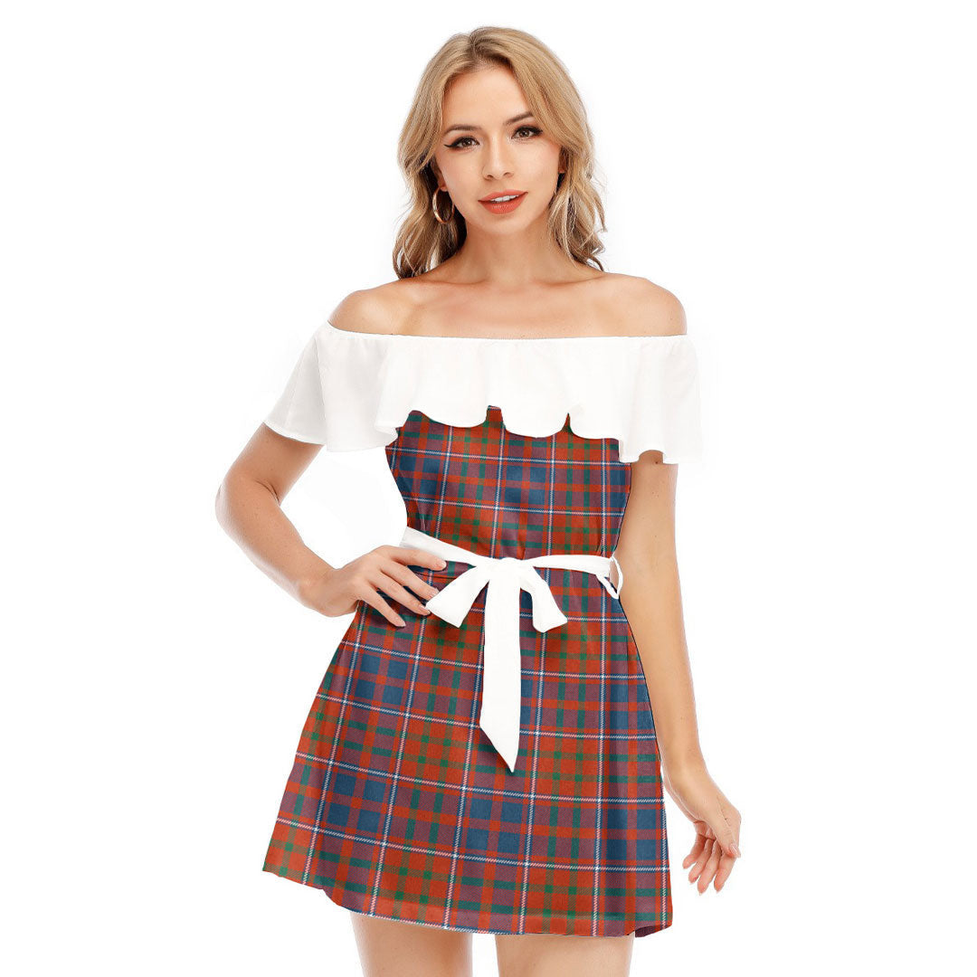 Cameron of Lochiel Ancient Tartan Plaid Off-shoulder Dress With Ruffle