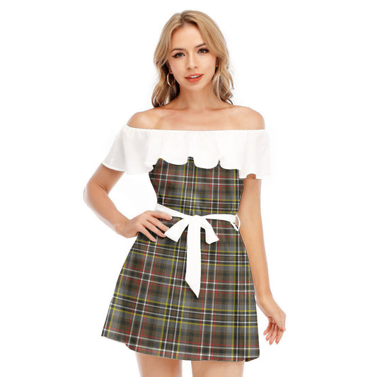 SCOTT GREEN WEATHERED Tartan Plaid Off-shoulder Dress With Ruffle