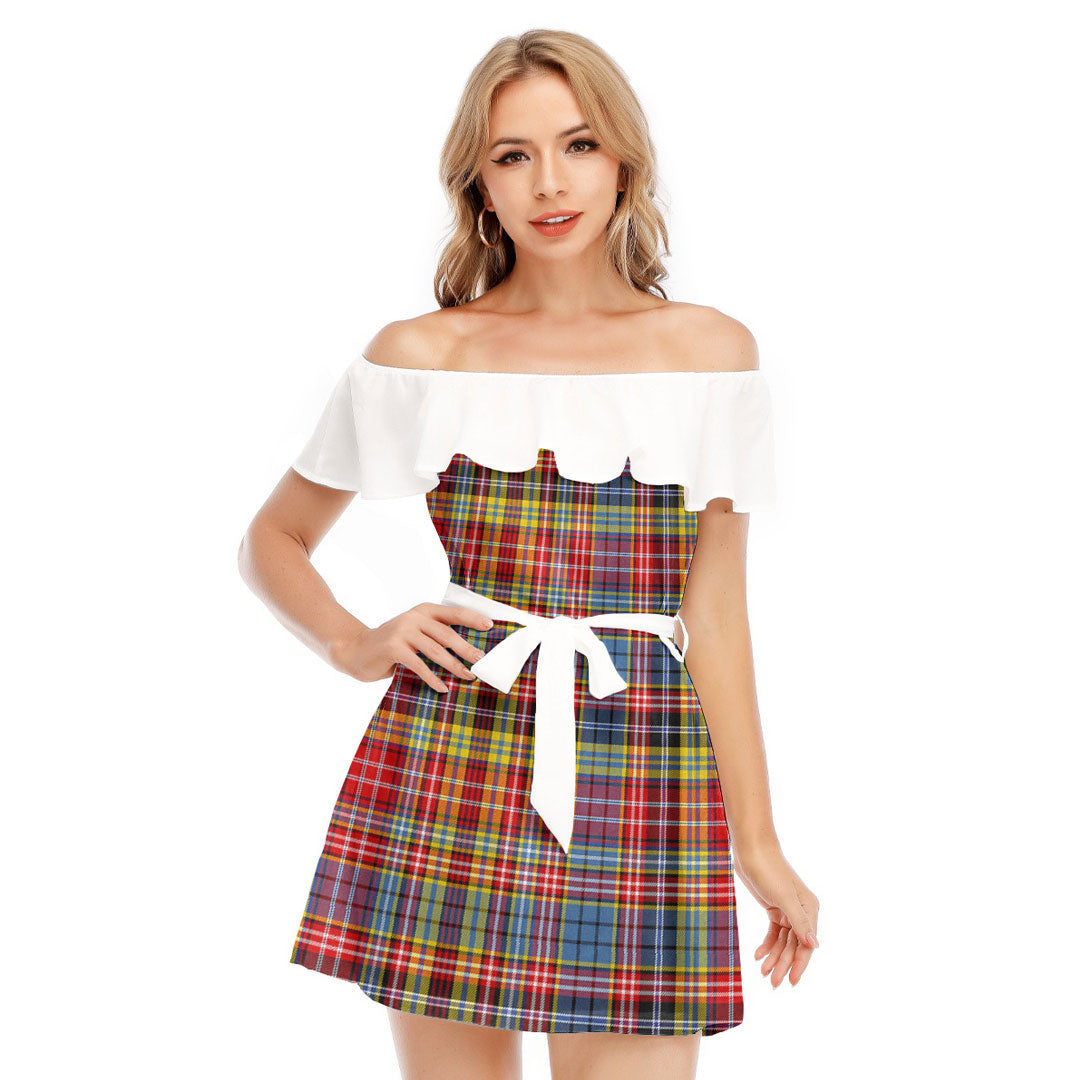 Drummond of Strathallan Tartan Plaid Off-shoulder Dress With Ruffle