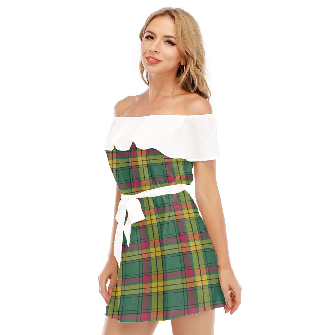 MacMillan Old Ancient Tartan Plaid Off-shoulder Dress With Ruffle