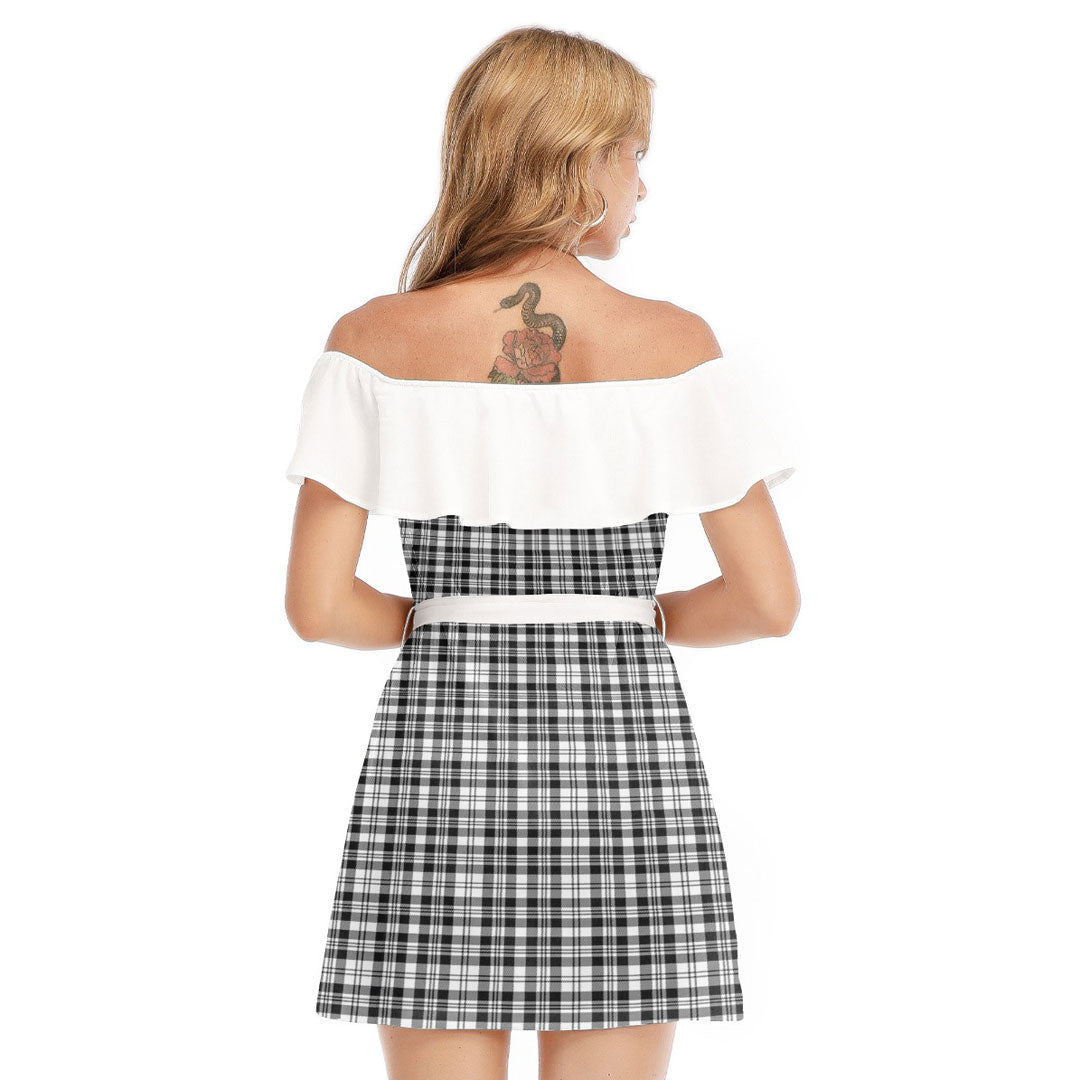 Scott Black White Modern Tartan Plaid Off-shoulder Dress With Ruffle