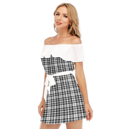 Scott Black White Modern Tartan Plaid Off-shoulder Dress With Ruffle