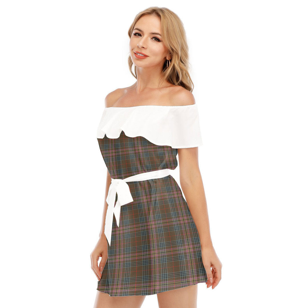 Kennedy Weathered Tartan Plaid Off-shoulder Dress With Ruffle