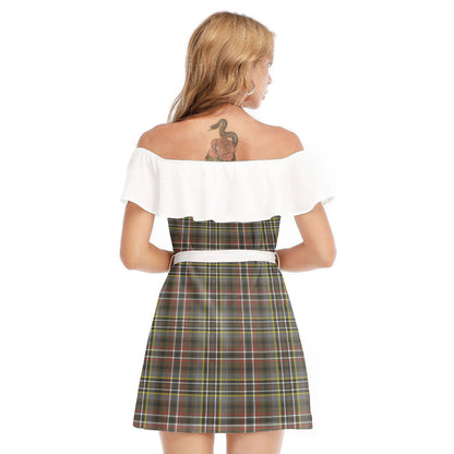 SCOTT GREEN WEATHERED Tartan Plaid Off-shoulder Dress With Ruffle