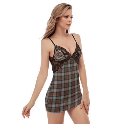 MacRae Hunting Weathered Tartan Plaid Back Straps Cami Dress With Lace