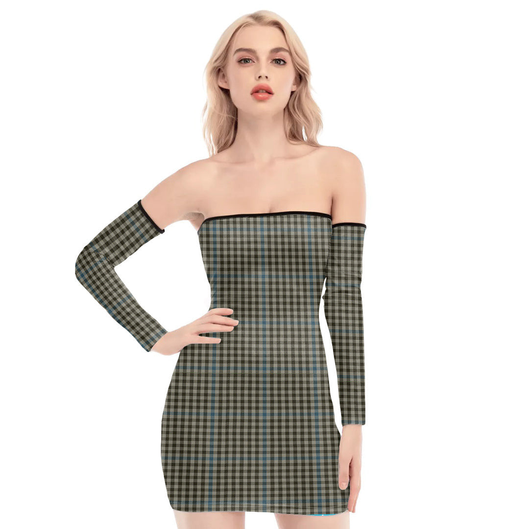 Haig Check Tartan Plaid Off-Shoulder Back Lace-Up Dress