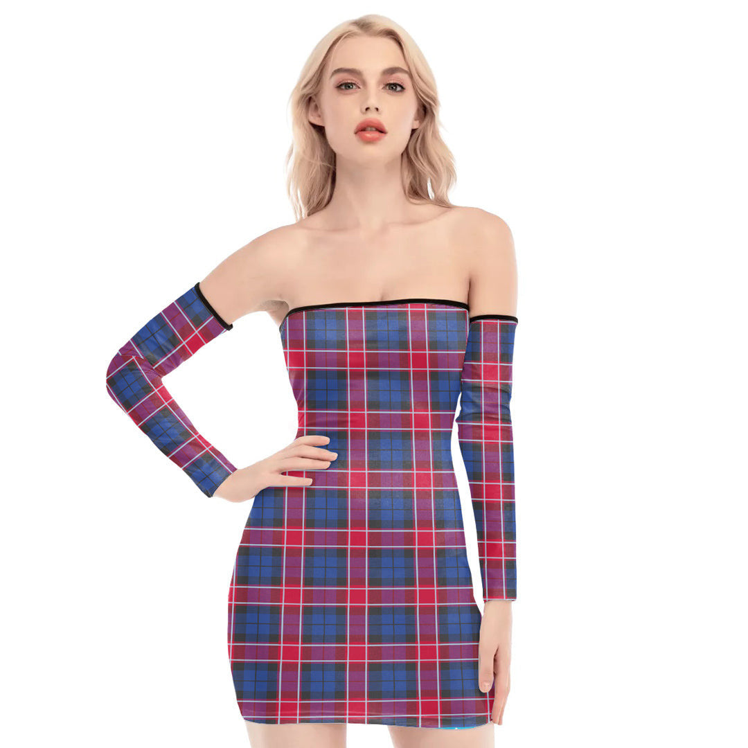 Graham of Menteith Red Tartan Plaid Off-Shoulder Back Lace-Up Dress