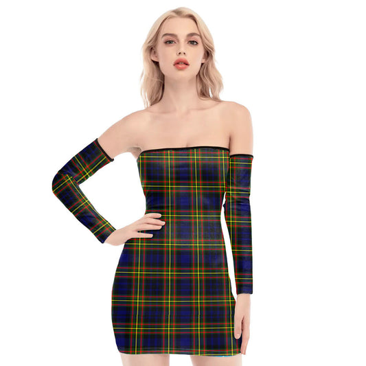 MacLellan Modern Tartan Plaid Off-Shoulder Back Lace-Up Dress