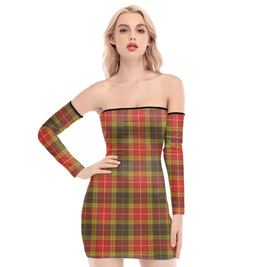 Buchanan Old Set Weathered Tartan Plaid Off-Shoulder Back Lace-Up Dress