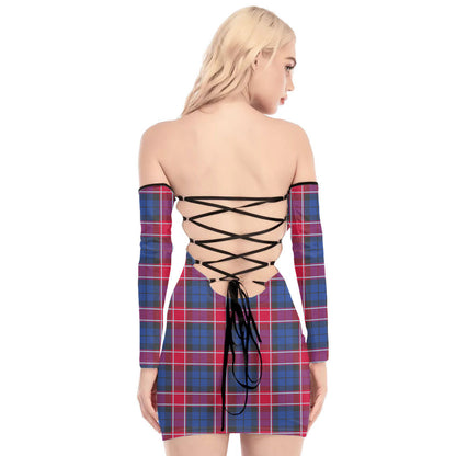 Graham of Menteith Red Tartan Plaid Off-Shoulder Back Lace-Up Dress