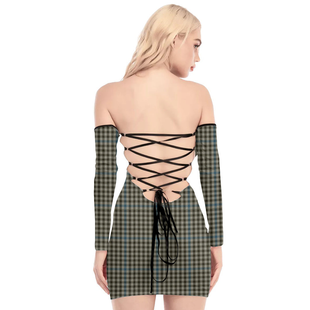 Haig Check Tartan Plaid Off-Shoulder Back Lace-Up Dress