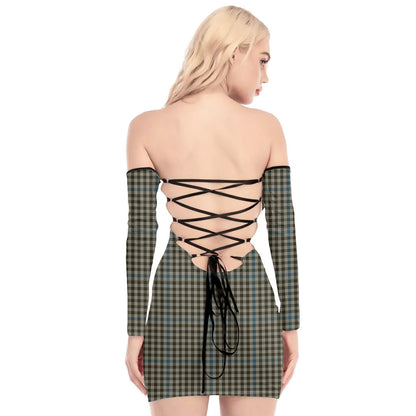 Haig Check Tartan Plaid Off-Shoulder Back Lace-Up Dress