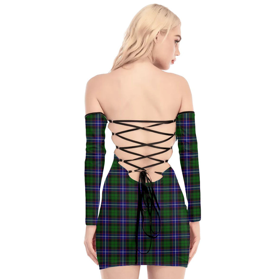 Russell Modern Tartan Plaid Off-Shoulder Back Lace-Up Dress