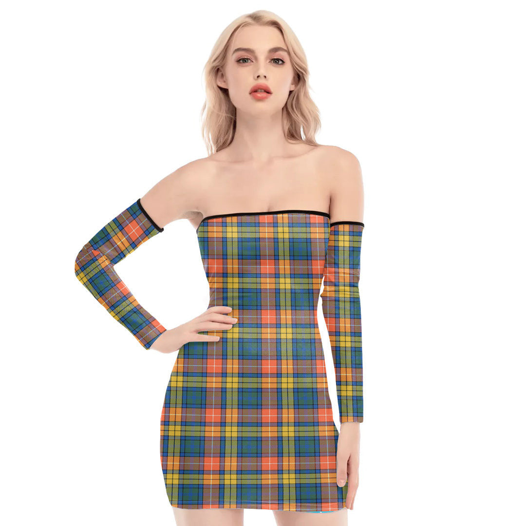 Buchanan Ancient Tartan Plaid Off-Shoulder Back Lace-Up Dress