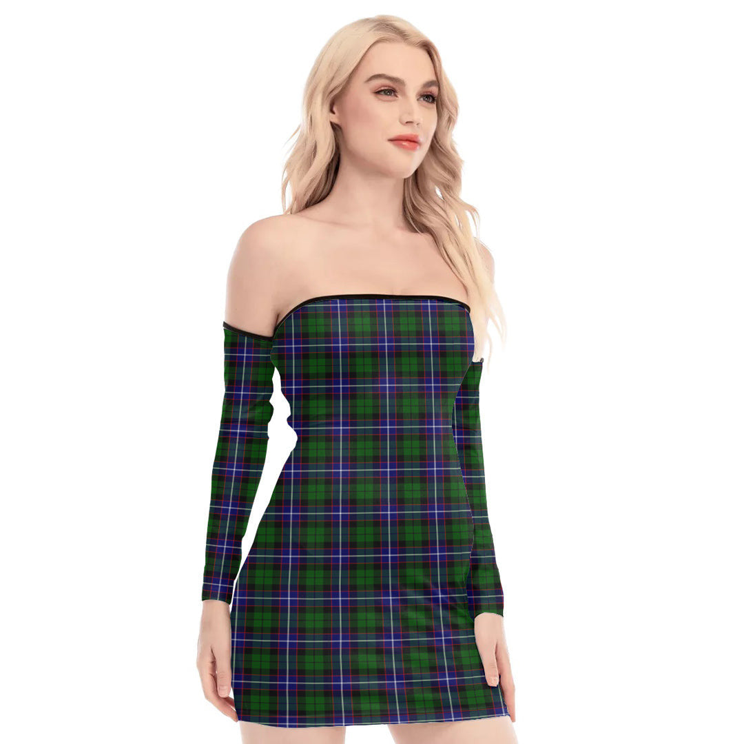 Russell Modern Tartan Plaid Off-Shoulder Back Lace-Up Dress