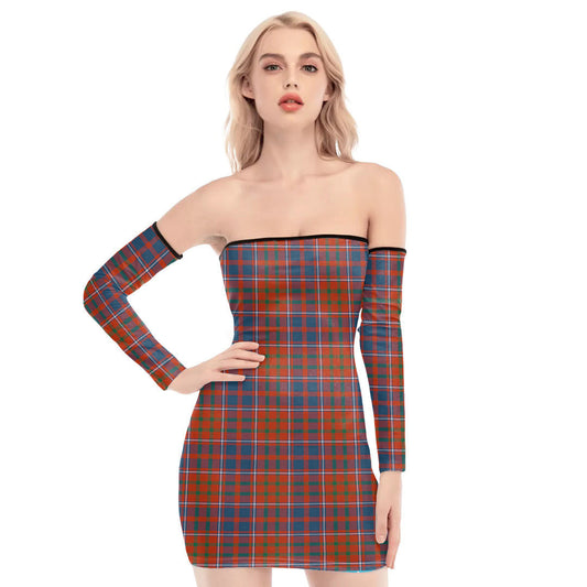 Cameron of Lochiel Ancient Tartan Plaid Off-Shoulder Back Lace-Up Dress