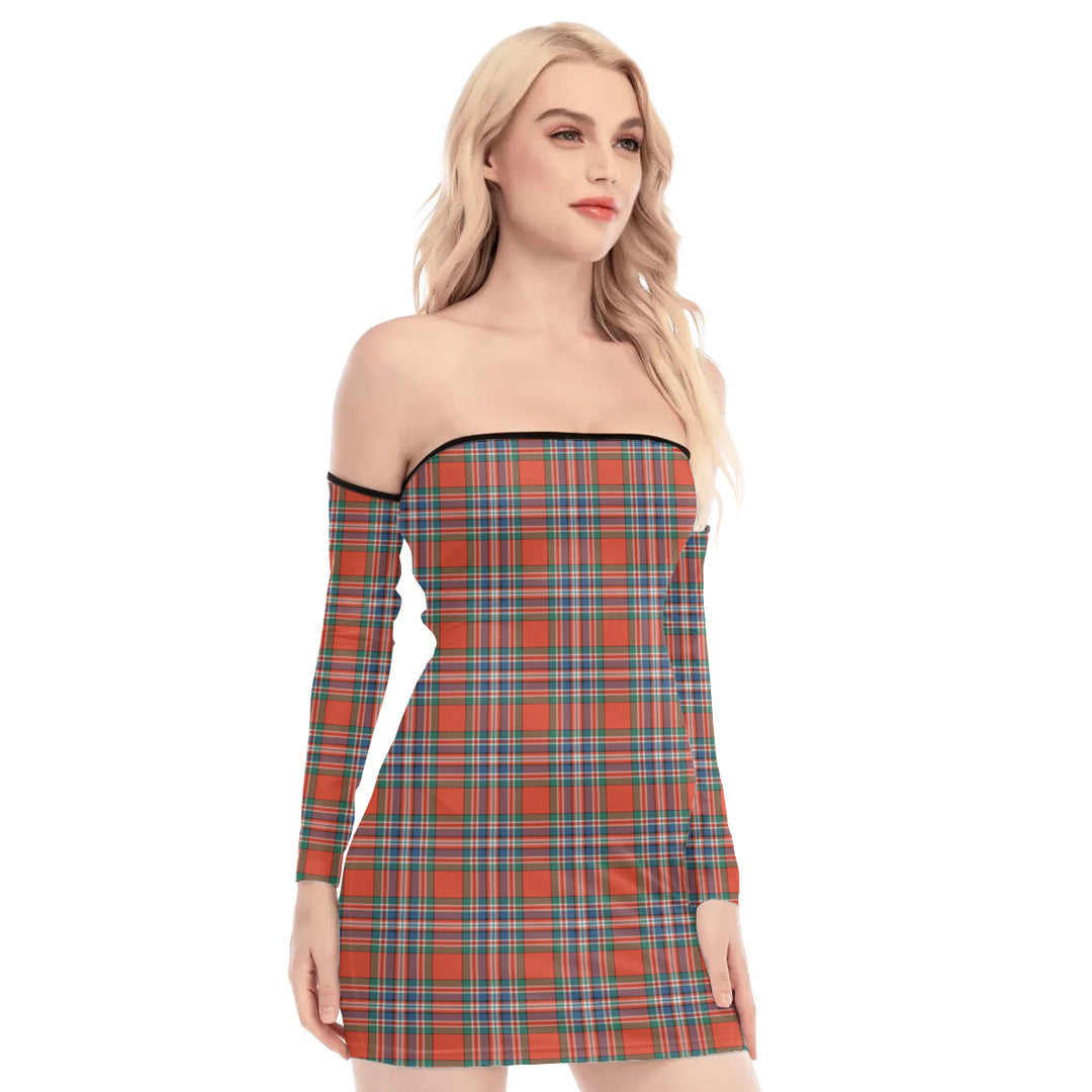 MacFarlane Ancient Tartan Plaid Off-Shoulder Back Lace-Up Dress