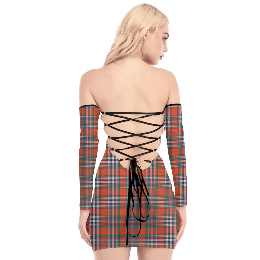 MacFarlane Ancient Tartan Plaid Off-Shoulder Back Lace-Up Dress