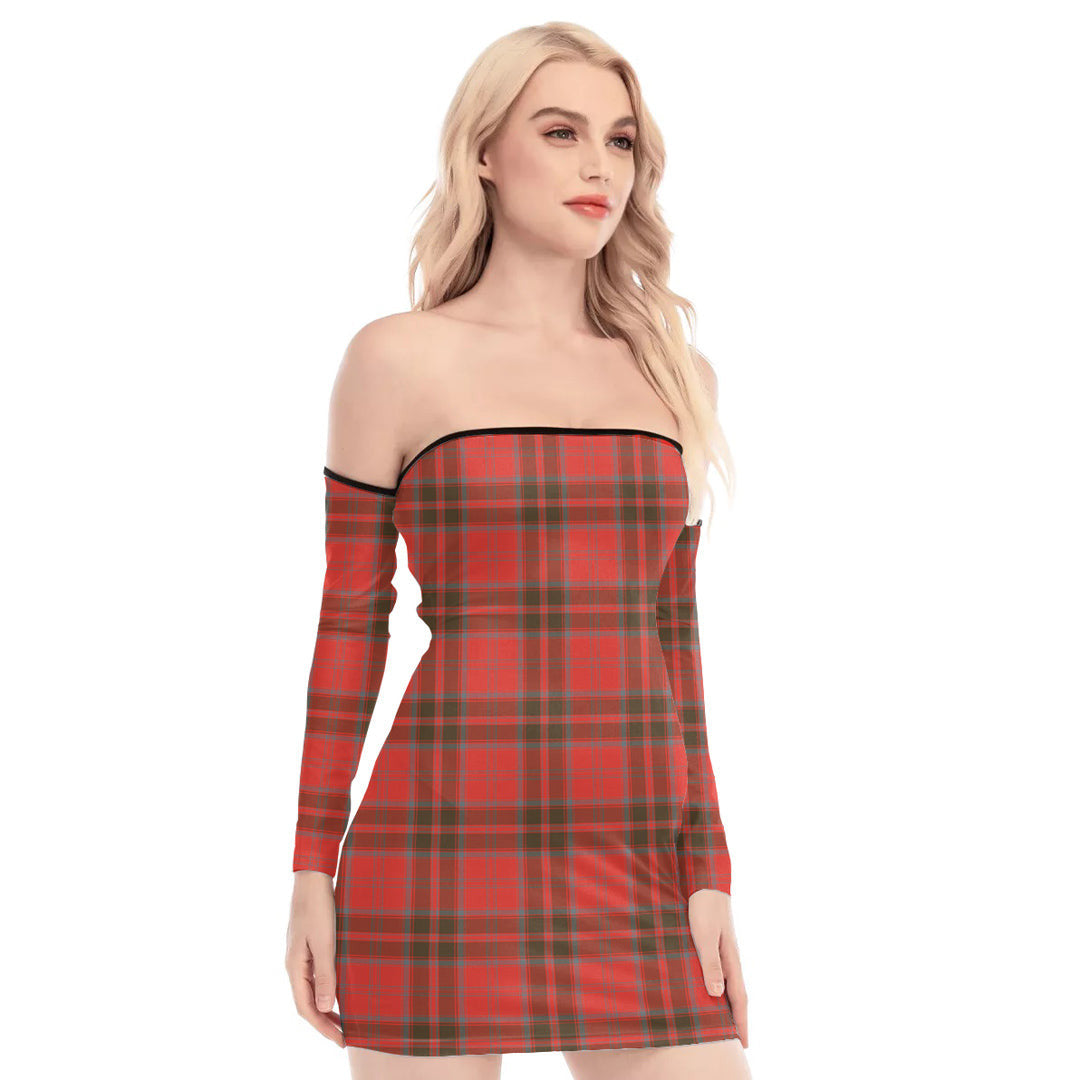 Grant Weathered Tartan Plaid Off-Shoulder Back Lace-Up Dress