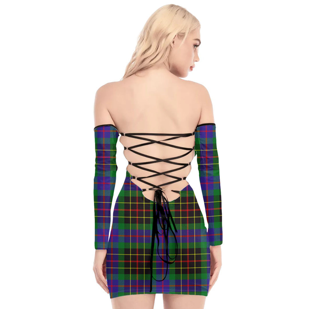 Brodie Hunting Modern Tartan Plaid Off-Shoulder Back Lace-Up Dress