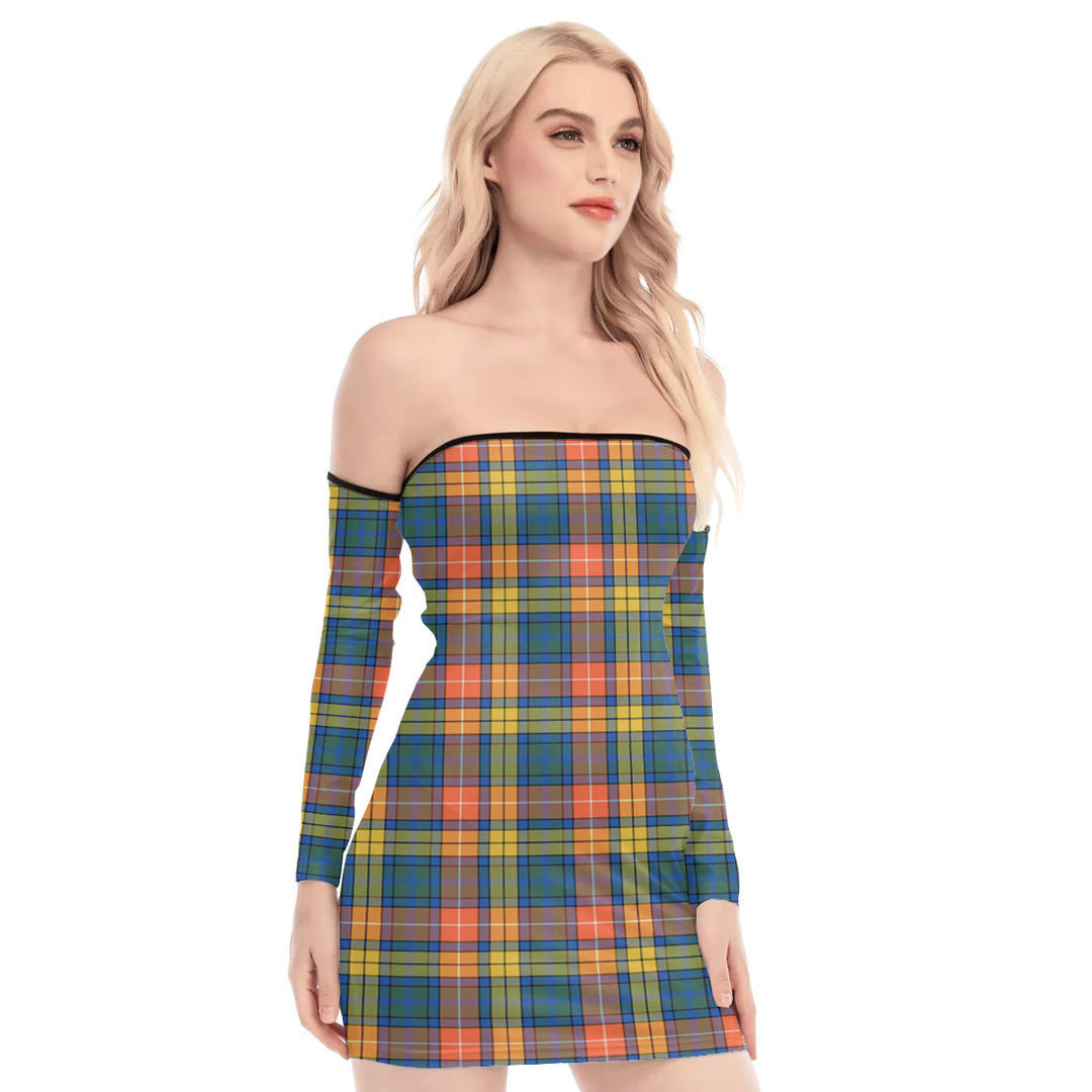 Buchanan Ancient Tartan Plaid Off-Shoulder Back Lace-Up Dress