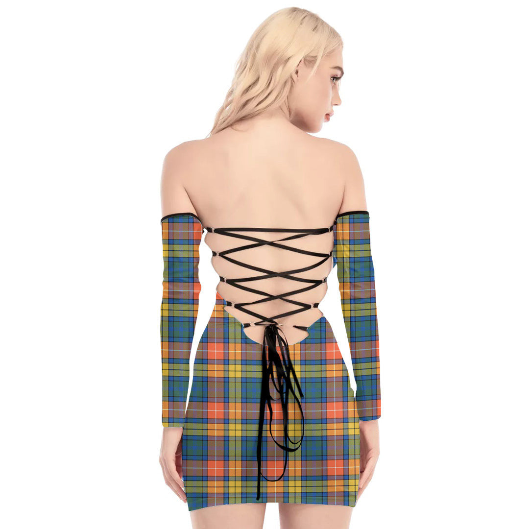 Buchanan Ancient Tartan Plaid Off-Shoulder Back Lace-Up Dress