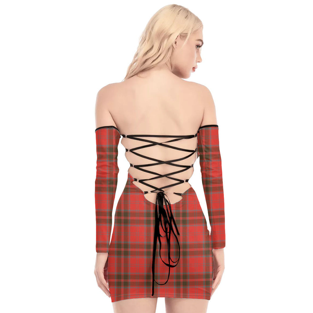 Grant Weathered Tartan Plaid Off-Shoulder Back Lace-Up Dress