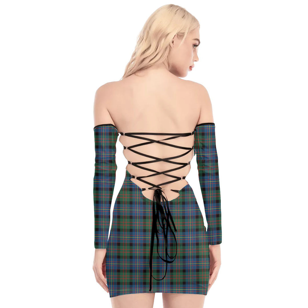 Cameron of Erracht Ancient Tartan Plaid Off-Shoulder Back Lace-Up Dress