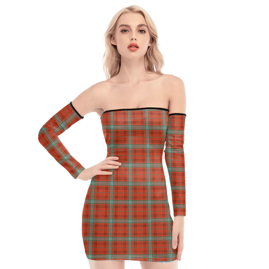 Morrison Red Ancient Tartan Plaid Off-Shoulder Back Lace-Up Dress