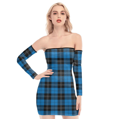 Ramsay Blue Ancient Tartan Plaid Off-Shoulder Back Lace-Up Dress