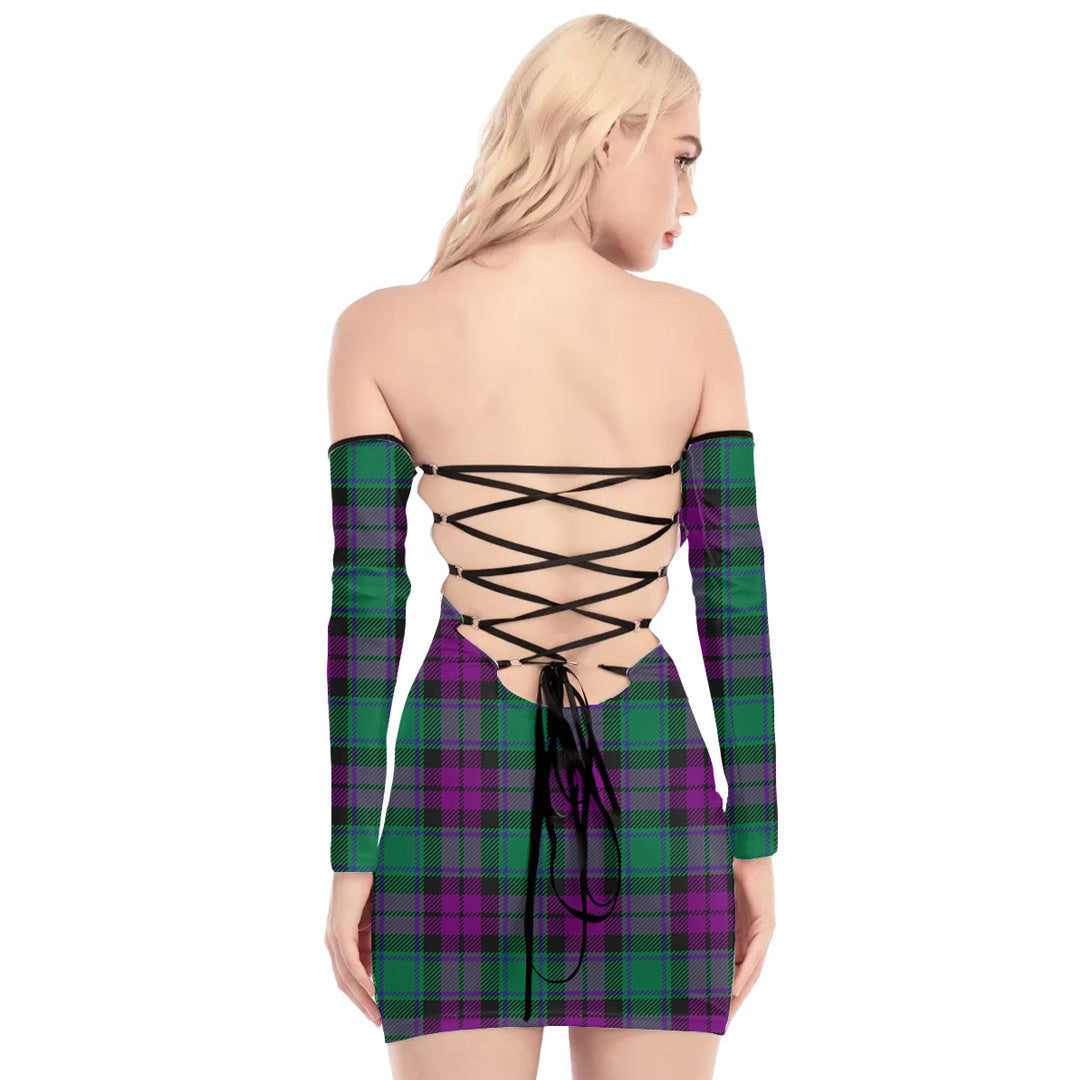 MacArthur Milton Tartan Plaid Off-Shoulder Back Lace-Up Dress