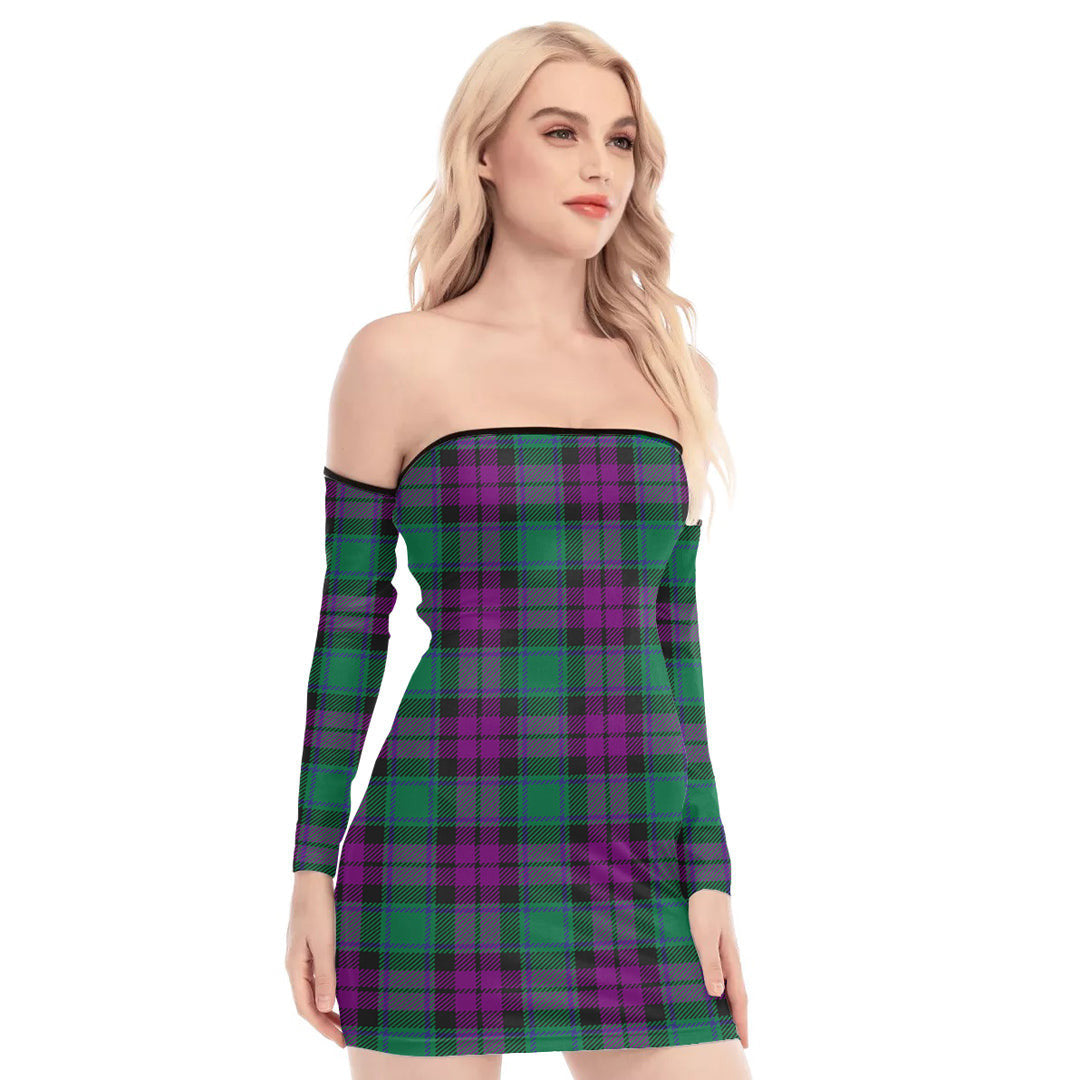 MacArthur Milton Tartan Plaid Off-Shoulder Back Lace-Up Dress