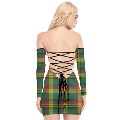 MacMillan Old Ancient Tartan Plaid Off-Shoulder Back Lace-Up Dress