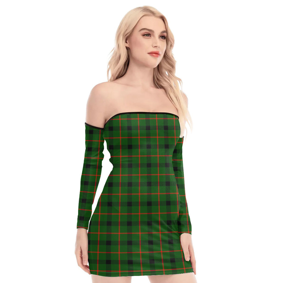 Kincaid Modern Tartan Plaid Off-Shoulder Back Lace-Up Dress