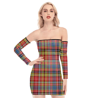 Drummond of Strathallan Tartan Plaid Off-Shoulder Back Lace-Up Dress