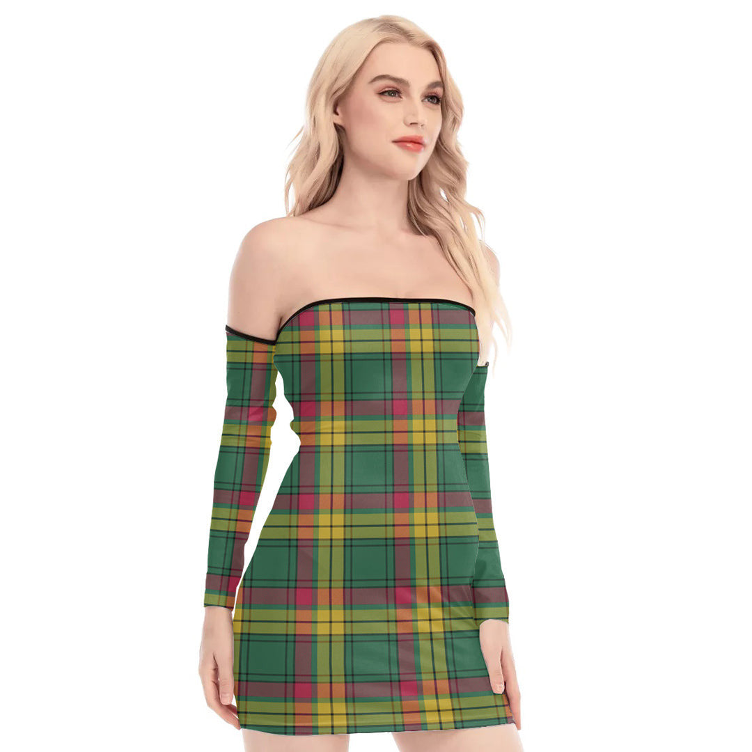 MacMillan Old Ancient Tartan Plaid Off-Shoulder Back Lace-Up Dress