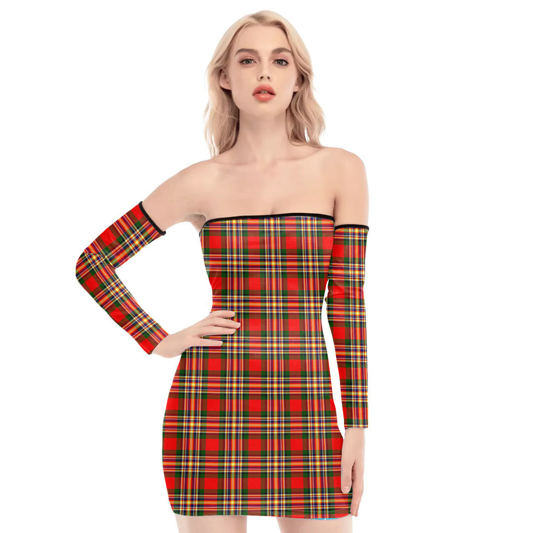 MacGill Modern Tartan Plaid Off-Shoulder Back Lace-Up Dress