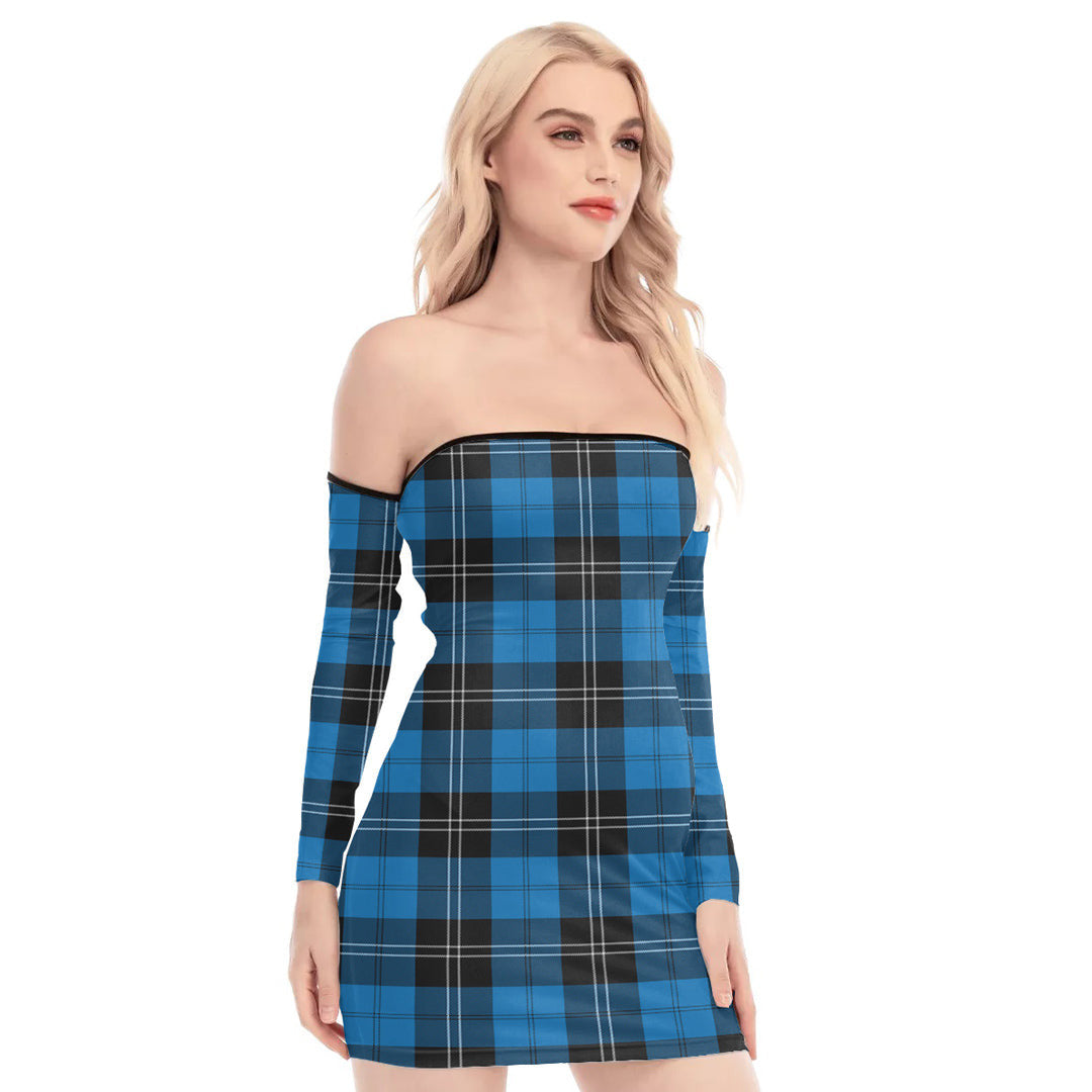 Ramsay Blue Ancient Tartan Plaid Off-Shoulder Back Lace-Up Dress