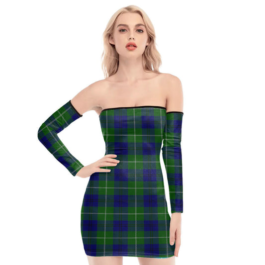 Oliphant Modern Tartan Plaid Off-Shoulder Back Lace-Up Dress