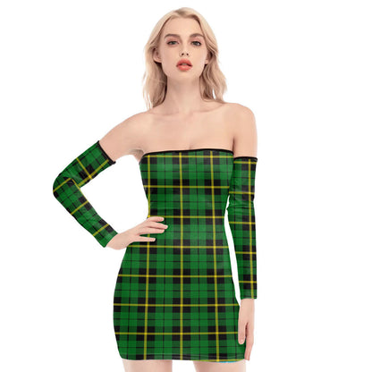 Wallace Hunting Green Tartan Plaid Off-Shoulder Back Lace-Up Dress